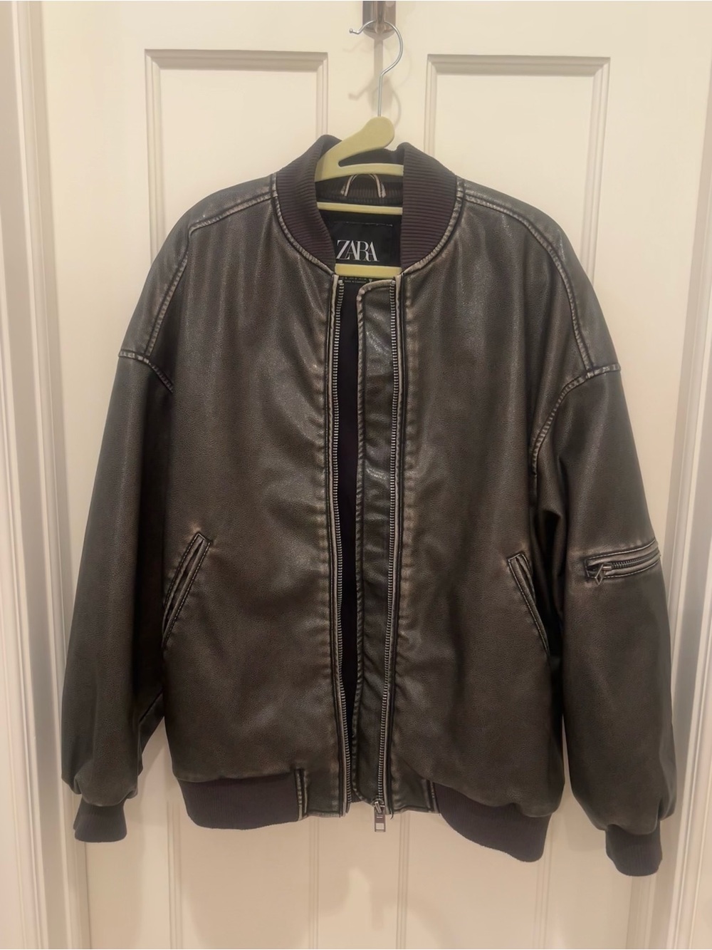 Zara Distressed Faux Leather Oversized Bomber Jacket